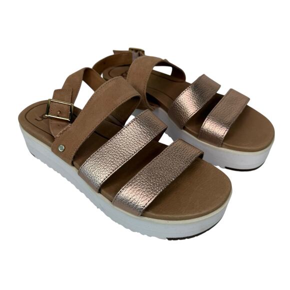 UGG Braelynn Metallic Strappy Leather Rose Gold Tan Platform Sandals Sz 9.5 - Picture 1 of 14